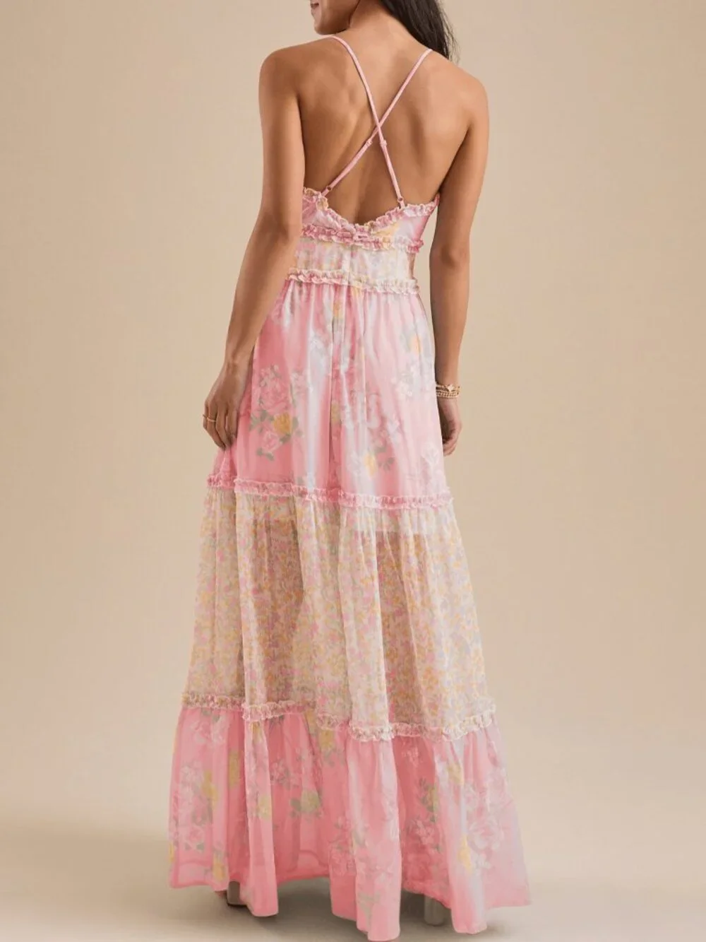 Pink Boho Women's Floral Print Cami V Neck Flowy A-Line Party Dress - Picture 2 of 3